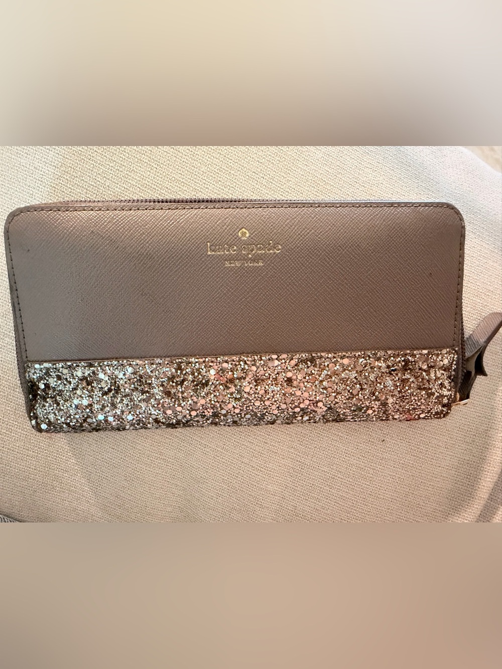 kate spade Taupe Gold Glitter Trim Leather Wallet